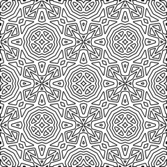  Monochrome ornamental texture with smooth linear shapes, zigzag lines, lace pattern.Abstract geometric black and white pattern for web page, textures, card, poster, fabric, textile.