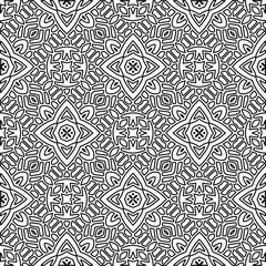  Monochrome ornamental texture with smooth linear shapes, zigzag lines, lace pattern.Abstract geometric black and white pattern for web page, textures, card, poster, fabric, textile.
