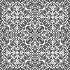  Monochrome ornamental texture with smooth linear shapes, zigzag lines, lace pattern.Abstract geometric black and white pattern for web page, textures, card, poster, fabric, textile.