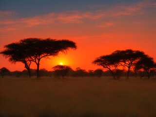 Fototapeta na wymiar sunrise over the savanna gras fields in central kruger national park in south africa