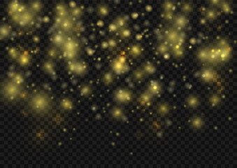 Fine, shiny dust particles fall off slightly.Winter background of snowflakes blown by the wind on a white transparent background.