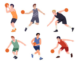 Basketball player. Men playing, guys jumping with ball, muscular basketball players in different playing positions.