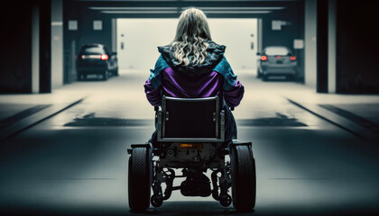 Obraz premium a disabled person in a motorized wheelchair rides on the road. concept of support for people with disabilities. generative AI