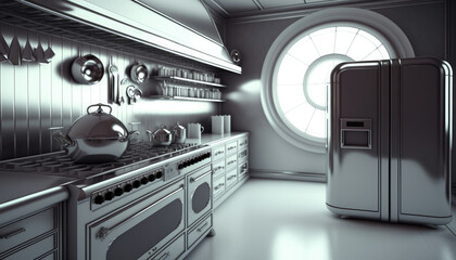 futuristic metal kitchen. equipment and design.  generative AI