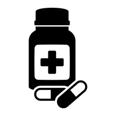 Obraz premium Medicine bottle and pills icon. Black and white icon. Vector illustration