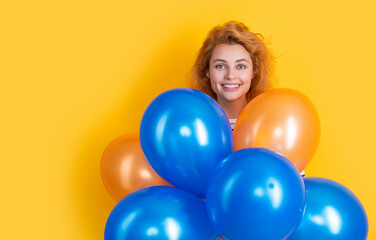 happy birthday woman hold balloons in studio. happy woman with balloon for birthday party