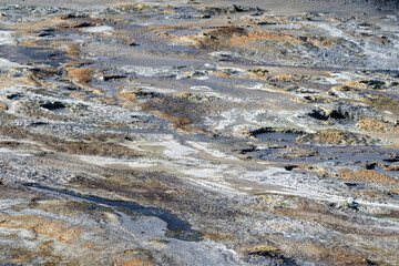 Hverir geothermal area in Iceland. Popular tourist area with mud pots and smoking vents.