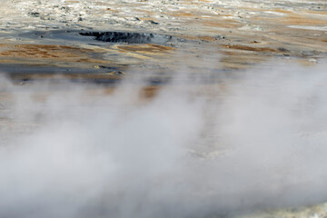 Hverir geothermal area in Iceland. Popular tourist area with mud pots and smoking vents.