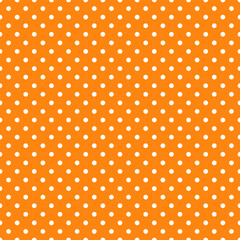 Seamless pattern in retro style. Abstract vintage pattern with small white polka dots on orange background for textile, wrapping paper, banners, print, packaging and other design. Vector illustration