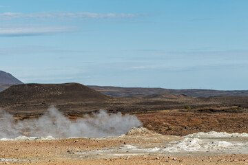 Hverir geothermal area in Iceland. Popular tourist area with mud pots and smoking vents.