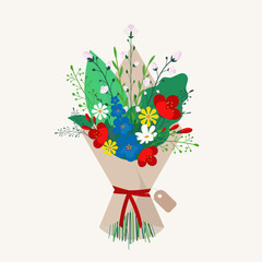 A bouquet of flowers in craft paper packaging in flat style. Hand drawn flower bouquet for holidays, spring, Mother's day, Birthday celebration, wedding. Vector illustration.