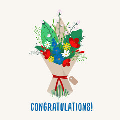 A vintage cartoon style bouquet of flowers with the text congratulations. A nice gift for any occasion. Bright red, blue and white flowers. Postcard, banner, print, web poster etc.Vector illustration.