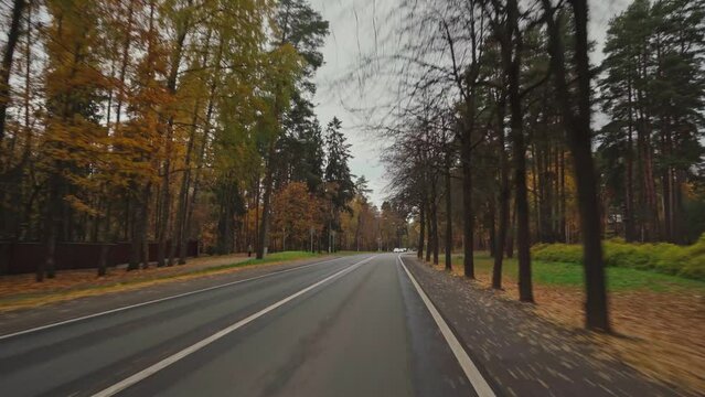 4k: Driving a car along an autumn suburban road Zelenogorsk, Saint-Petersburg, Russia