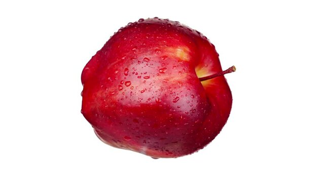 Tasty organic bright red apple with small peduncle covered with shiny clear water drops turns forward on white background