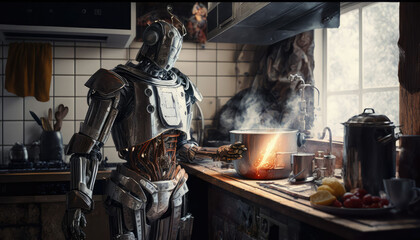 Fototapeta na wymiar futuristic plot. the robot is engaged in household chores. cooking in the kitchen. generative AI