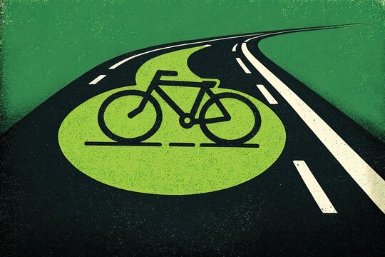 Cartoon of minimalist green bike icon on highway asphalt. Generative AI