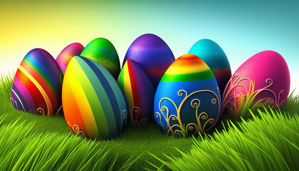 Fototapeta na wymiar colorful rainbow coloured easter eggs in grass 