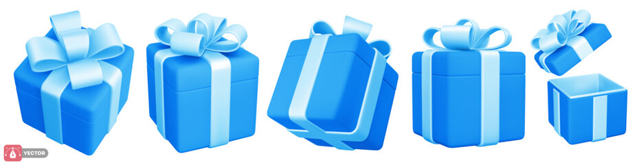 Set of 3d blue gift boxes with cute bow. Open and closed. Holiday design element for birthday, wedding, advertising banner of sale and other life events. Vector realistic illustration - obrazy, fototapety, plakaty