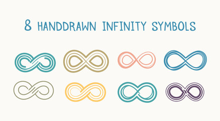 Set of 8 Hand drawn colored infinity symbols
