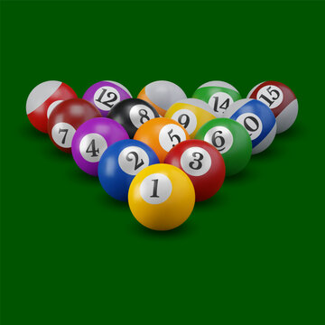 Pool or American billiards balls with numbers on the green table, ready to game. Snooker color balls arranged in a triangle. Vector 3d realistic illustration