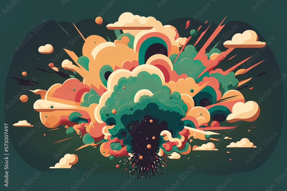 Aufkleber illustration of a rainbow cloud exploding on a dark green backdrop generative ai