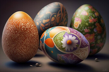 4 Decorated easter eggs on table painted flower and unique motifs orange blue green purple generative ai
