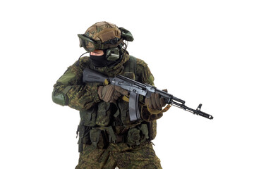 Russian soldier with AK-74 looking to the side, controlling his sector of fire. Professional...