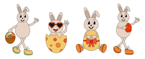 Set of easter bunnies in retro groovy style isolated on white. Easter  character in trendy retro 60's 70's style
