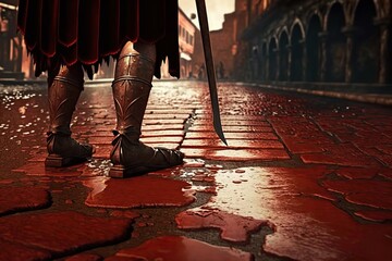 Generative ai roman soldier standing in a bloody road