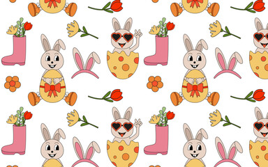 Groovy easter  seamless pattern with hippie character, flowers. Pattern with  retro style elements