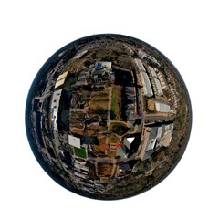 Transparent background Tiny Planet aerial view of City Hall and the park in downtown Duluth in Georgia