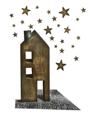 Peel and stick wall murals Surrealism Wooden House and Stars on white