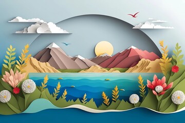 Paper cut colorful illustration. Landscape with coast and sea, sunny day. Space for text. Good for banner, header
