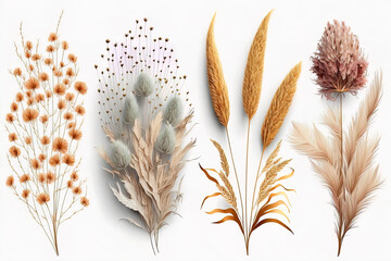 Dried wildflowers set on isolated white background. Herbal botanic set of dried florals.
