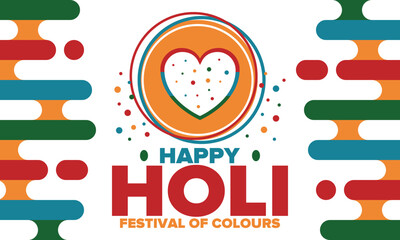 Happy Holi. Festival of Colours. Phagwah. Annual Hindu Spring Festival. Celebrated in India and Nepal and other Asia. Beautiful poster design with heart. Vector illustration
