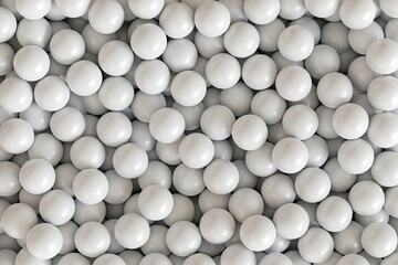 White and glossy plastic balls for dry pool in the kids playroom. Monochrome background with a lot of balls. Realistic 3d render illustration