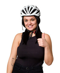 Young caucasian woman wearing a helemet isolated smiling and raising thumb up