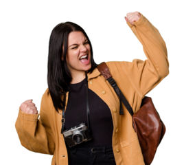 Young caucasian traveler woman with a backpack isolated laughing and having fun.