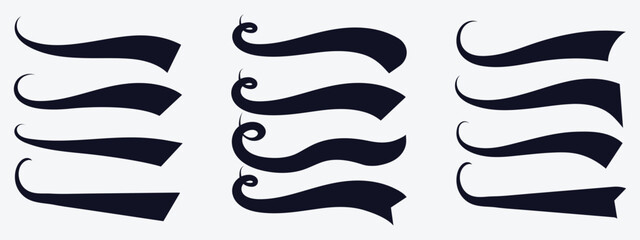 Calligraphic swoosh underline. Underline swooshes tails and athletic typography. Sports swash underline shapes set in retro style. Underlines lettering lines. Vector 