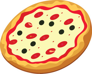 Delicious Pizza with Tomato and Mozzarella. Vector Illustration.