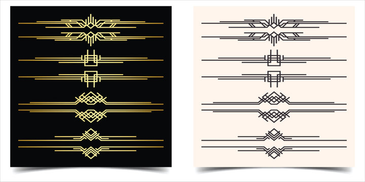 Set of elements art deco dividers and decorative golden headers collection. Art deco lines page dividers. Vintage gold borders and dividers, retro header graphic elements. Vector