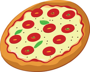 Delicious Pizza with Tomato and Mozzarella. Vector Illustration.
