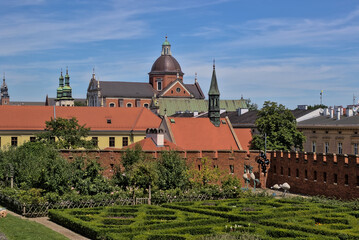 Krakow, Poland - Renaissance Royal Garden in the courtyard of Wawel Castle. A tourist attraction known for its magnificent flower beds and paths on the inner terrace.