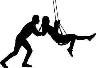 Man pushing girl on swing silhouette, sketch drawing of drawing of girl swinging on swing, woman sitting on swing vector