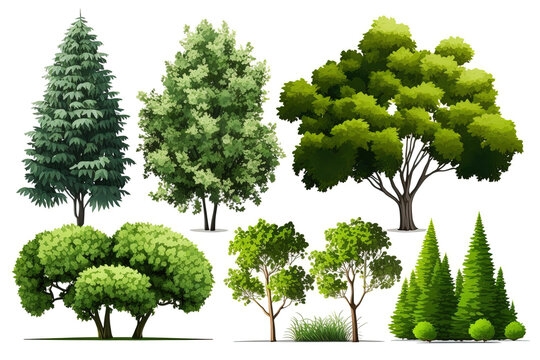 Set of detailed realistic forest and garden trees on isolated white background.