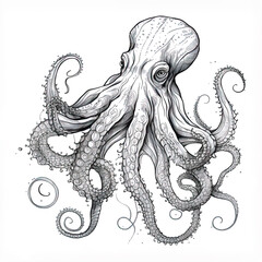 Detailed hand drawn cartoon octopus character on isolated background. Vintage black and white monochrome octopus with tentacles.