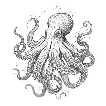 Detailed hand drawn cartoon octopus character on isolated background. Vintage black and white monochrome octopus with tentacles.