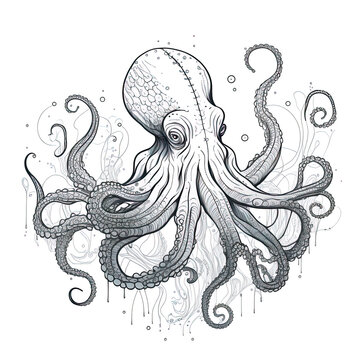 Detailed hand drawn cartoon octopus character on isolated background. Vintage black and white monochrome octopus with tentacles.