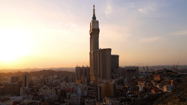 Mecca city - Clock Tower - Masjid Al Haram Maghreb Azan - Makkah Saudi Arabia