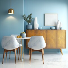 Interior design of modern dining room or living room, marble table and chairs. Wooden sideboard over blue wall. Home interior. 3d rendering